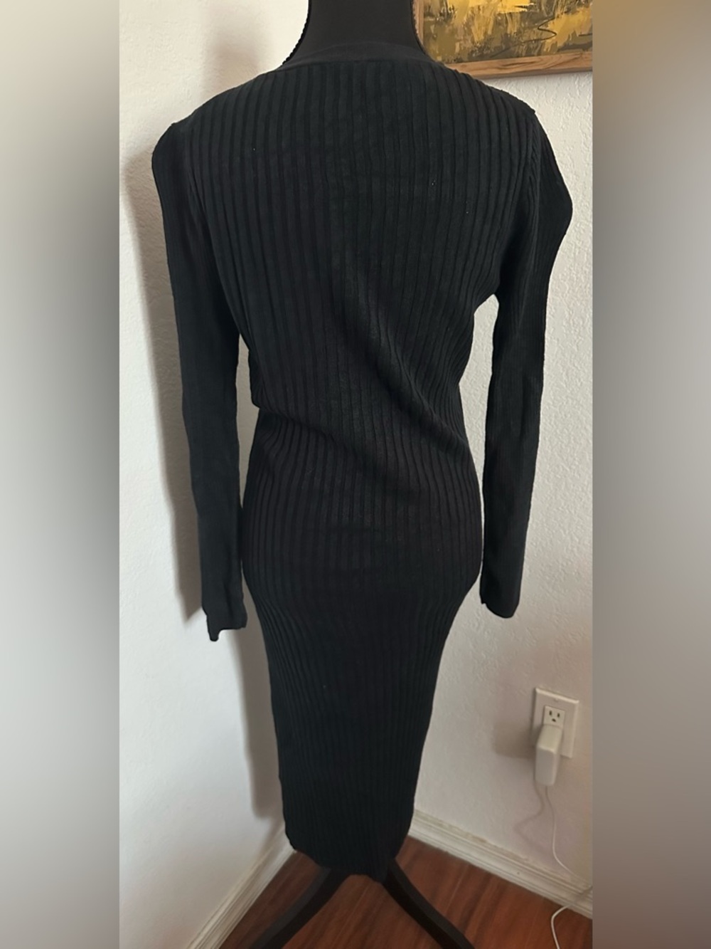 Alex Mill Black V Neck Ribbed Button-Front Black Midi Dress - Size Small - Picture 3 of 6
